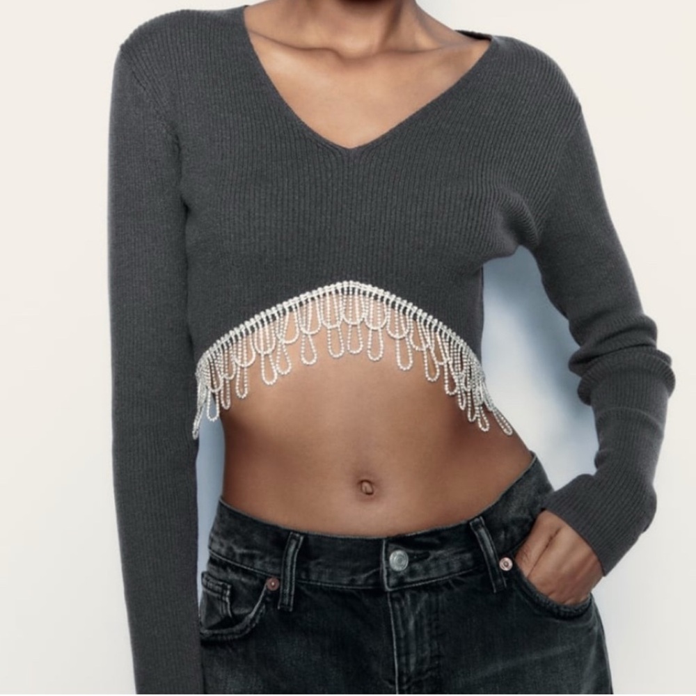 Gray V-Neck Cropped Top with Beaded Fringe